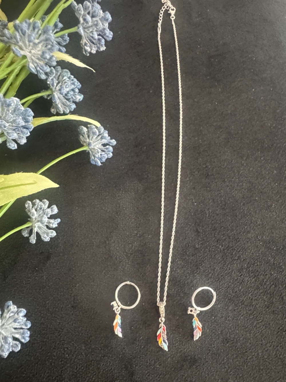 Spring Set! Silver Plated Multicolor Feather Necklace and Hoop Earring Set
